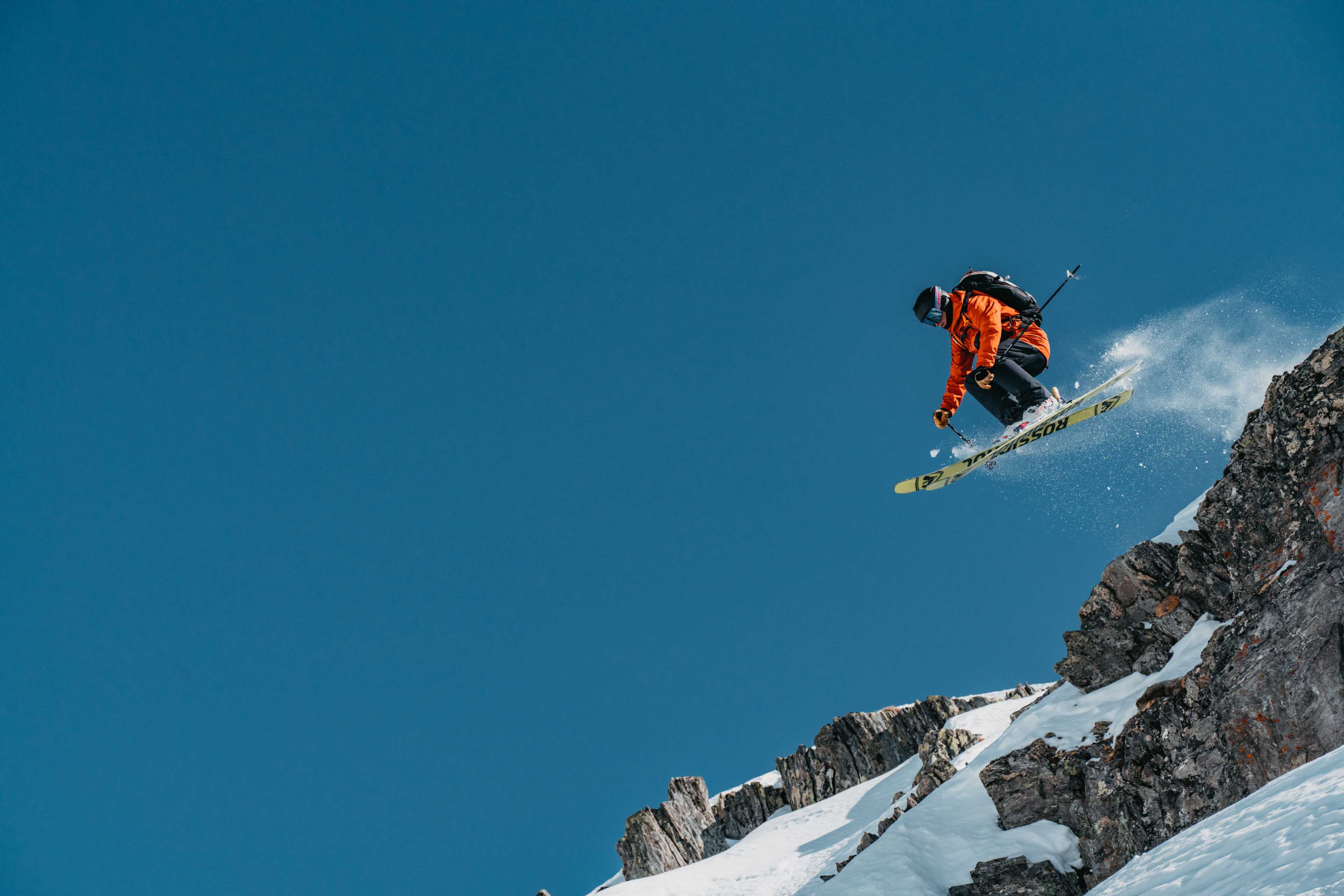 Skier jumping off a cliff, Andermatt, Switzerland