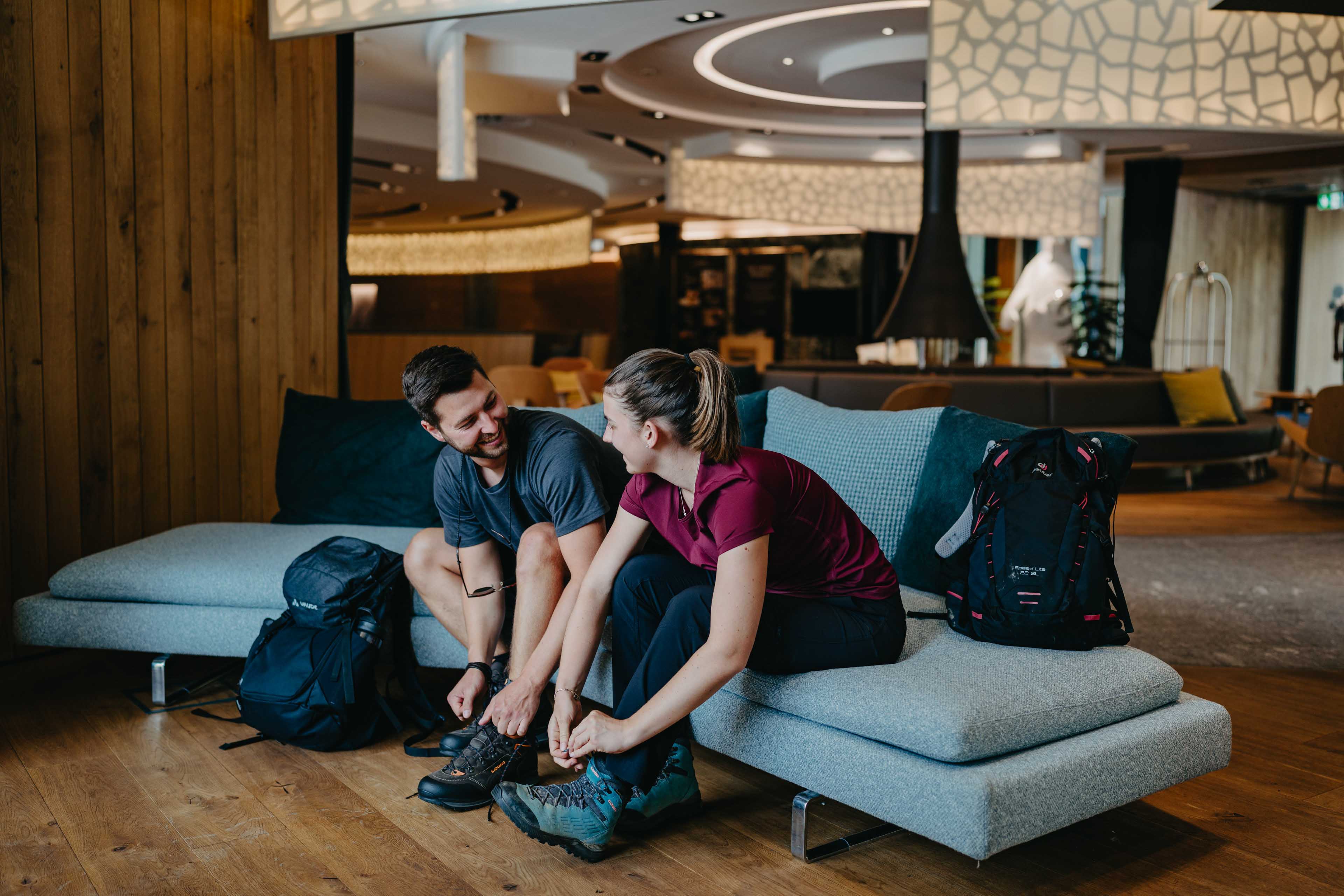 Couple getting ready in the hotel lobby