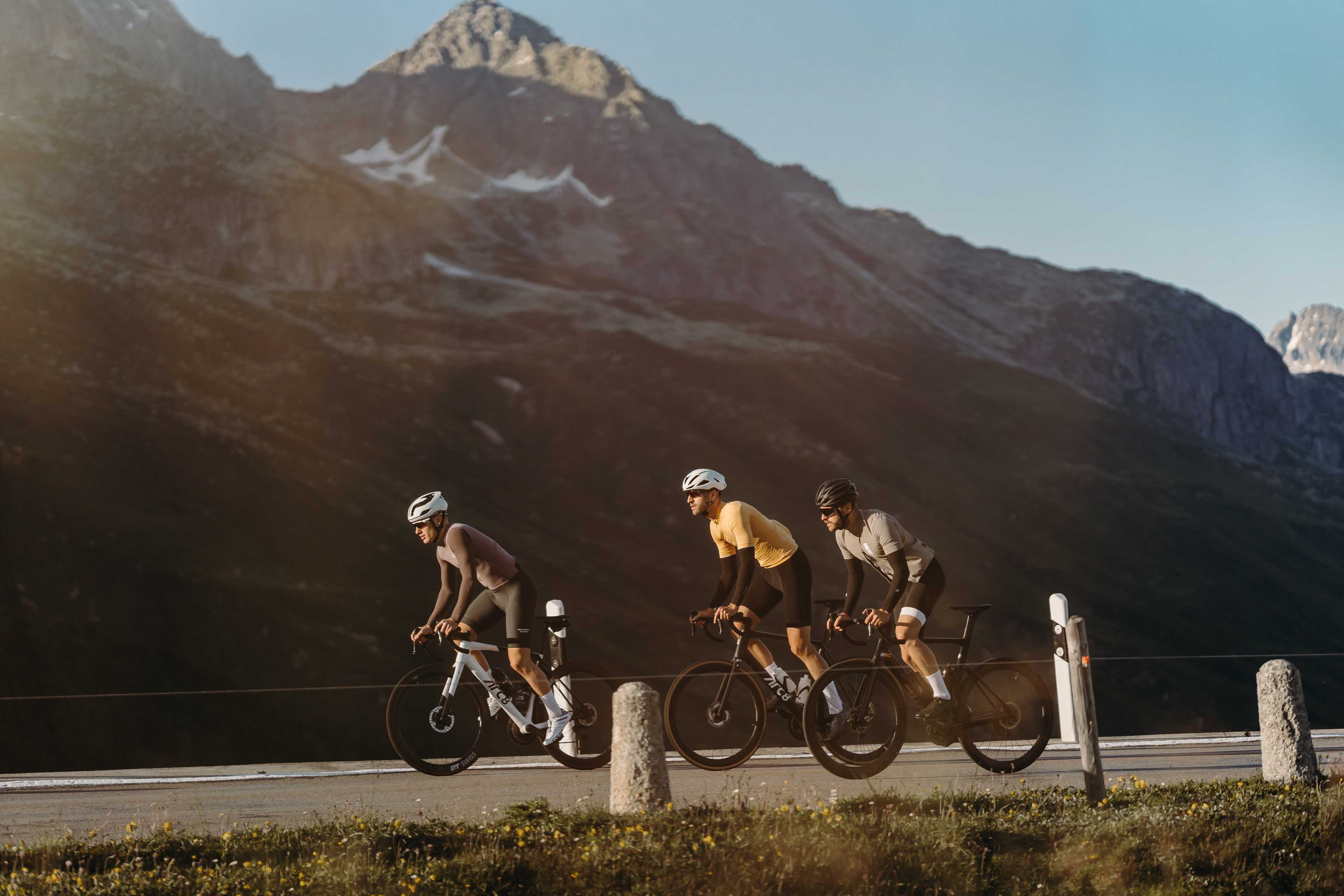 Road cyclists on the Furkapass, Switzerland