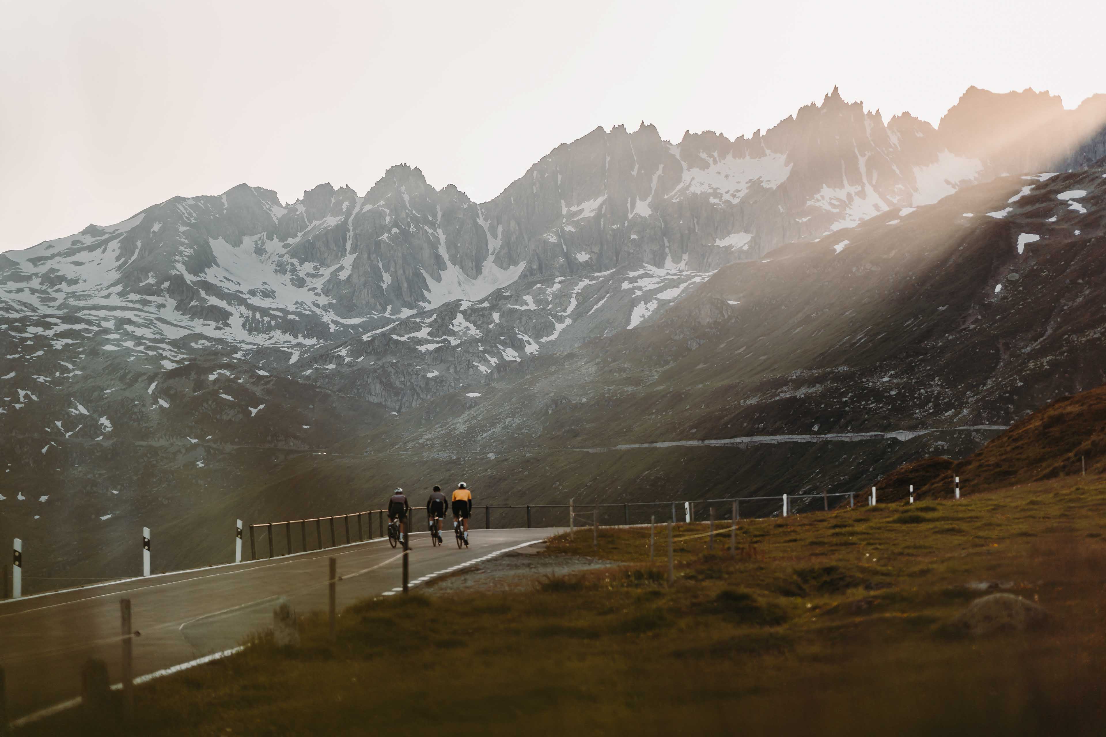 Road cyclists on the Furkapass, Switzerland