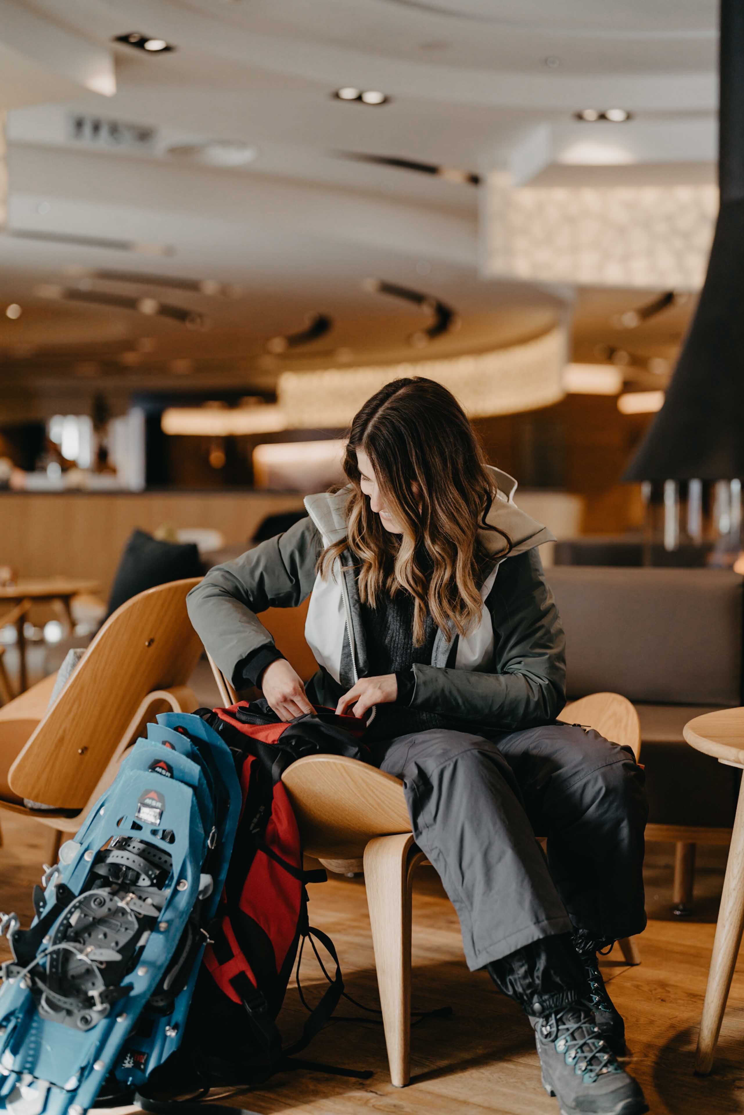 Getting ready for snowshoeing in the hotel lobby