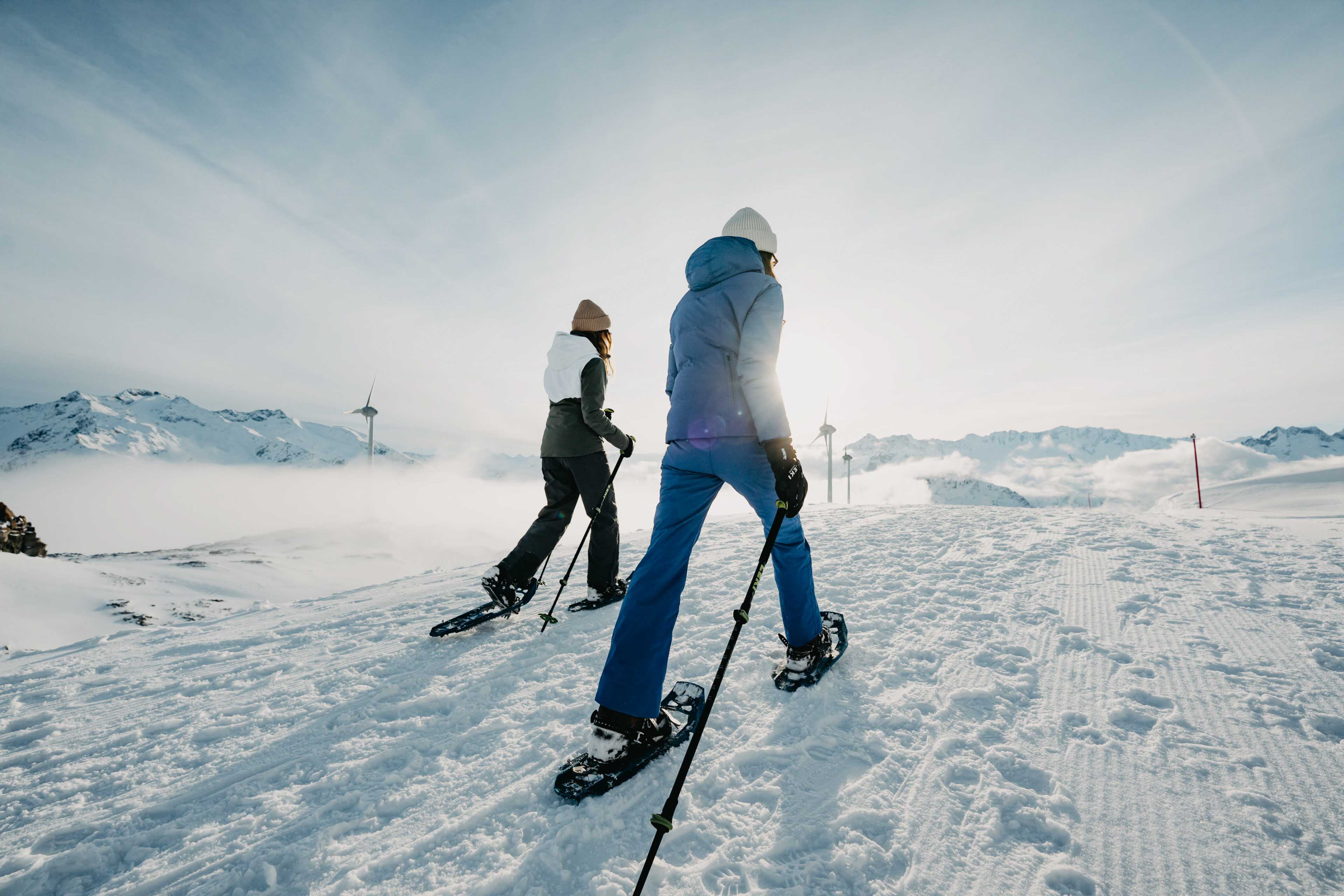 Two snowshoers in the alps